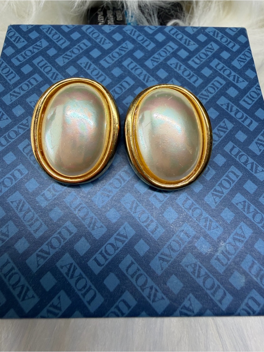 VINTAGE CHRISTIAN DIOR Gold-Trim Iridescent Oval Clip-On Earrings